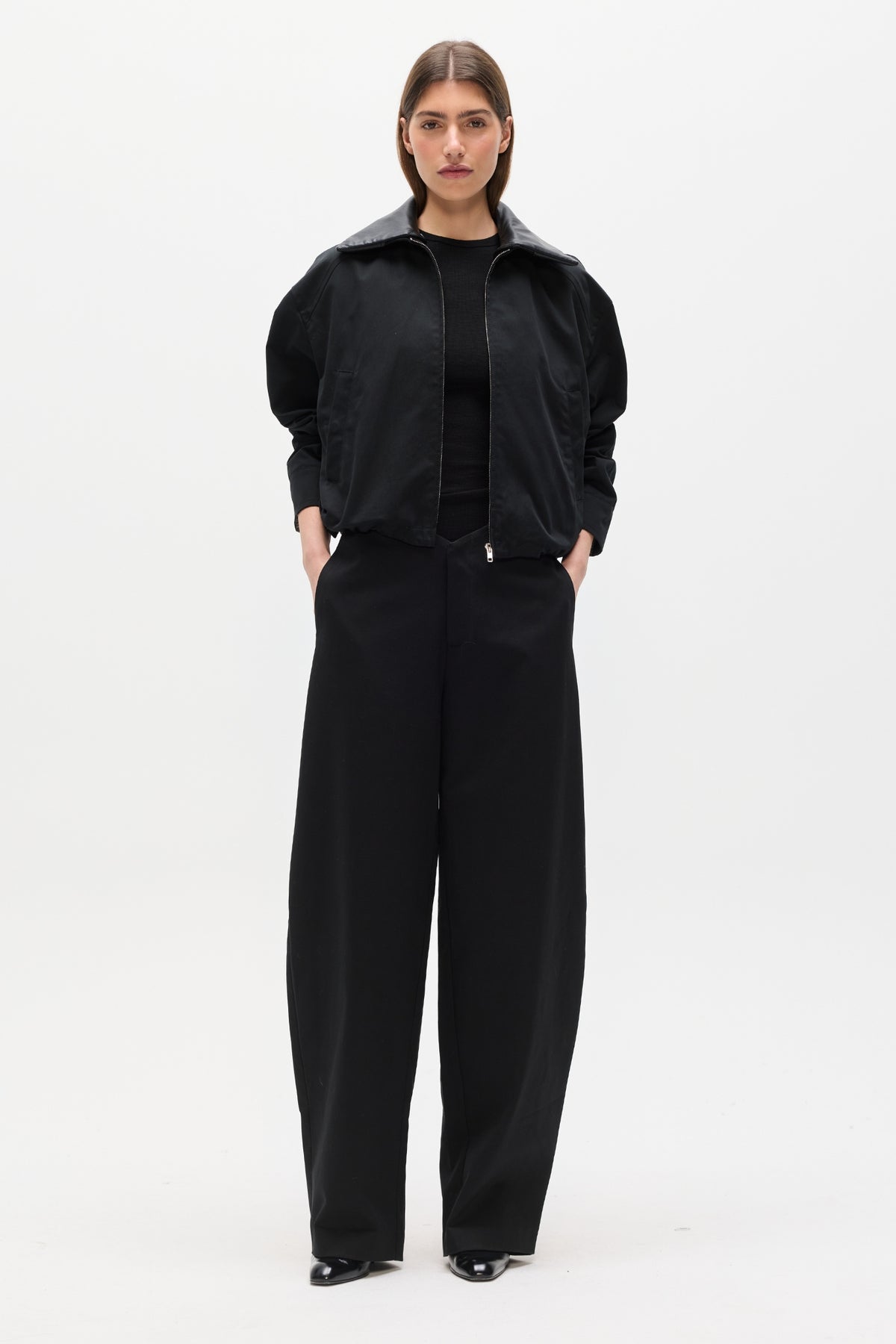 James Cropped Bomber Jacket in Black, view 1, Bayse Brand