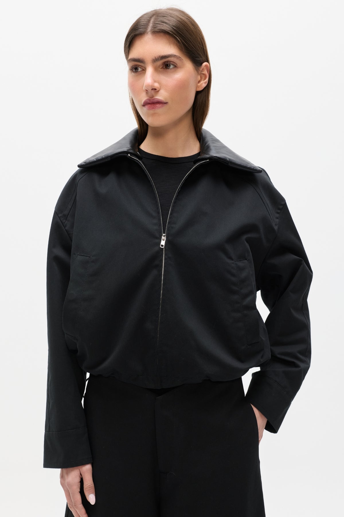 James Cropped Bomber Jacket in Black, view 2, Bayse Brand