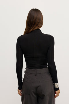 Kelsie High Neck Ruched Bodysuit in Shadow, view 4, Bayse Brand