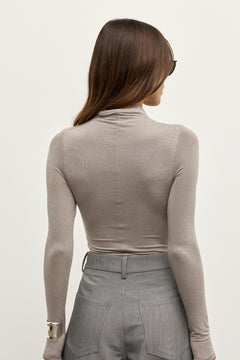 Kelsie High Neck Ruched Bodysuit in Dove Grey, view 4, Bayse Brand