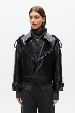 Knox Cropped Faux Leather Bomber in Black, view 2, Bayse Brand