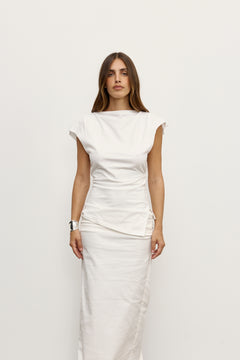 Liana Ruched Cap Sleeve Top in White, view 3, Bayse Brand