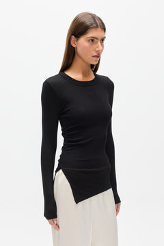 Lana Ruched Long Sleeve Tee in Black, view 3, Bayse Brand