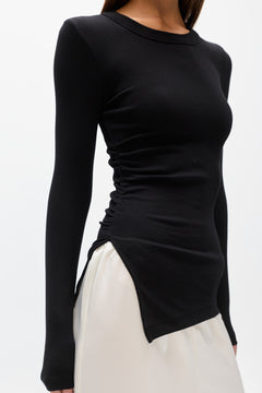 Lana Ruched Long Sleeve Tee in Black, view 2, Bayse Brand