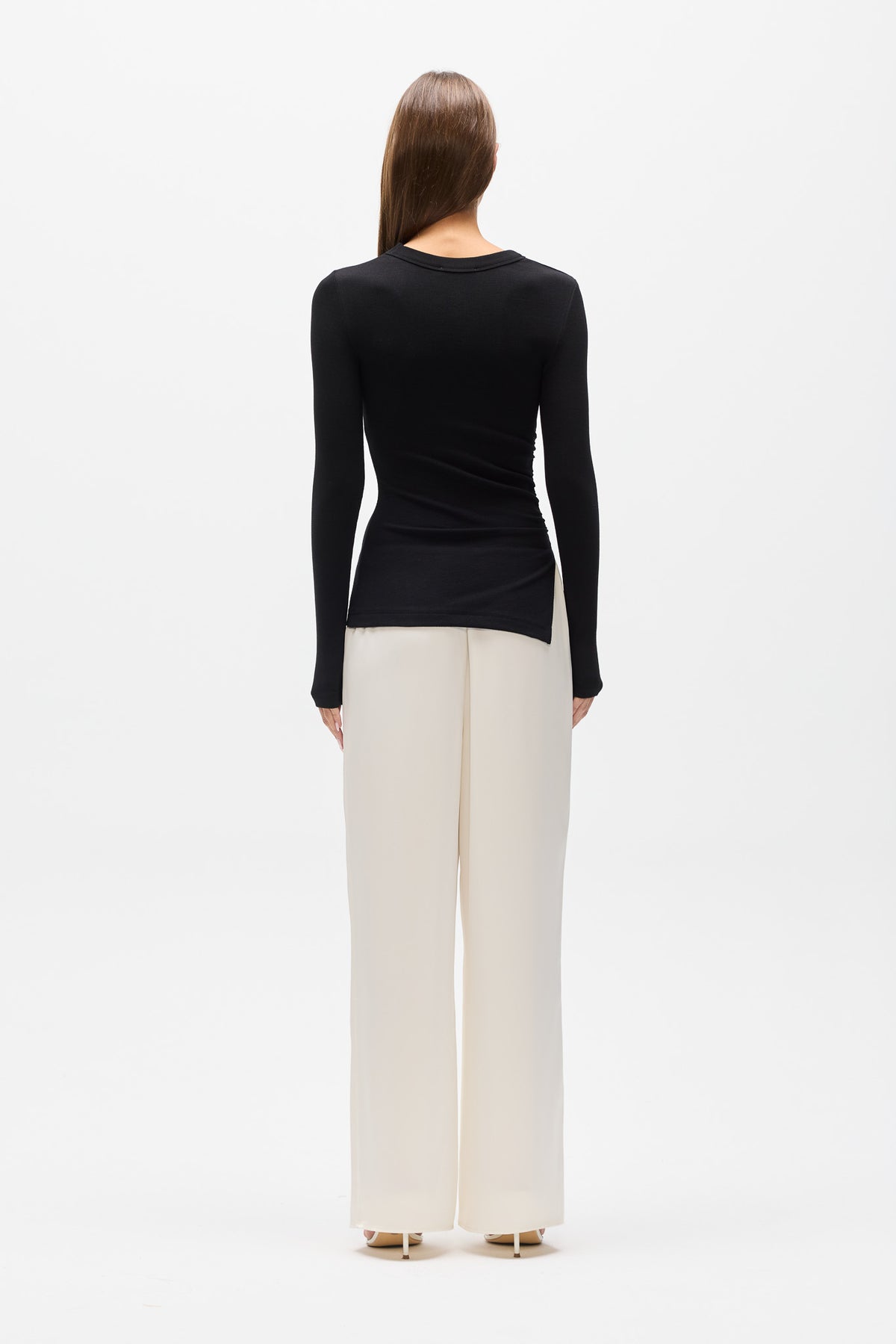 Lana Ruched Long Sleeve Tee in Black, view 4, Bayse Brand