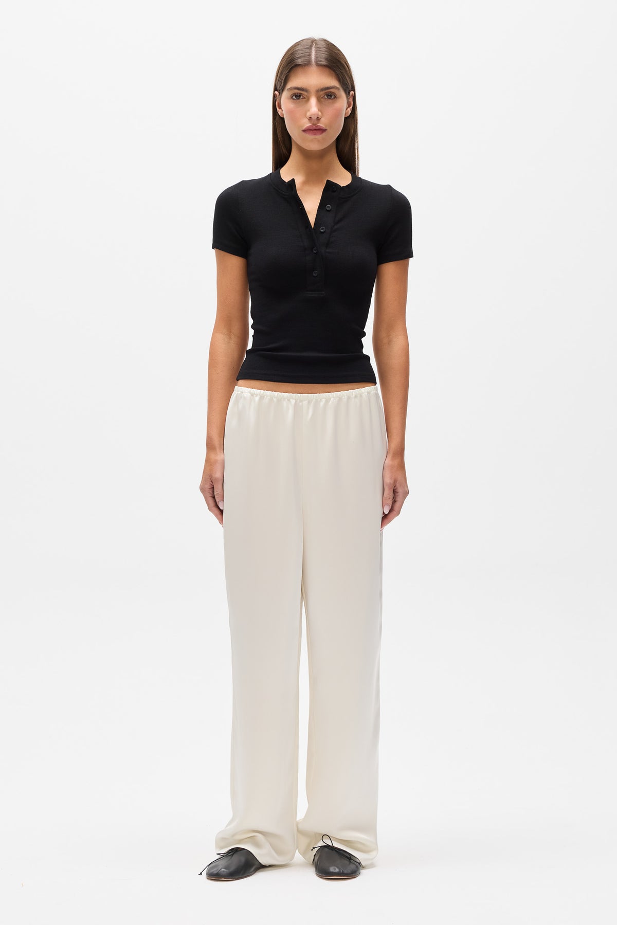 Oceane Ribbed Button Top in Black, view 1, Bayse Brand