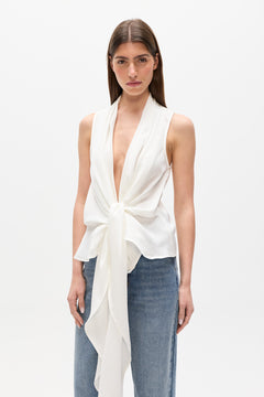 Leon Wrap Front Tie Top in White, view 2, Bayse Brand