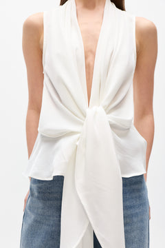 Leon Wrap Front Tie Top in White, view 3, Bayse Brand