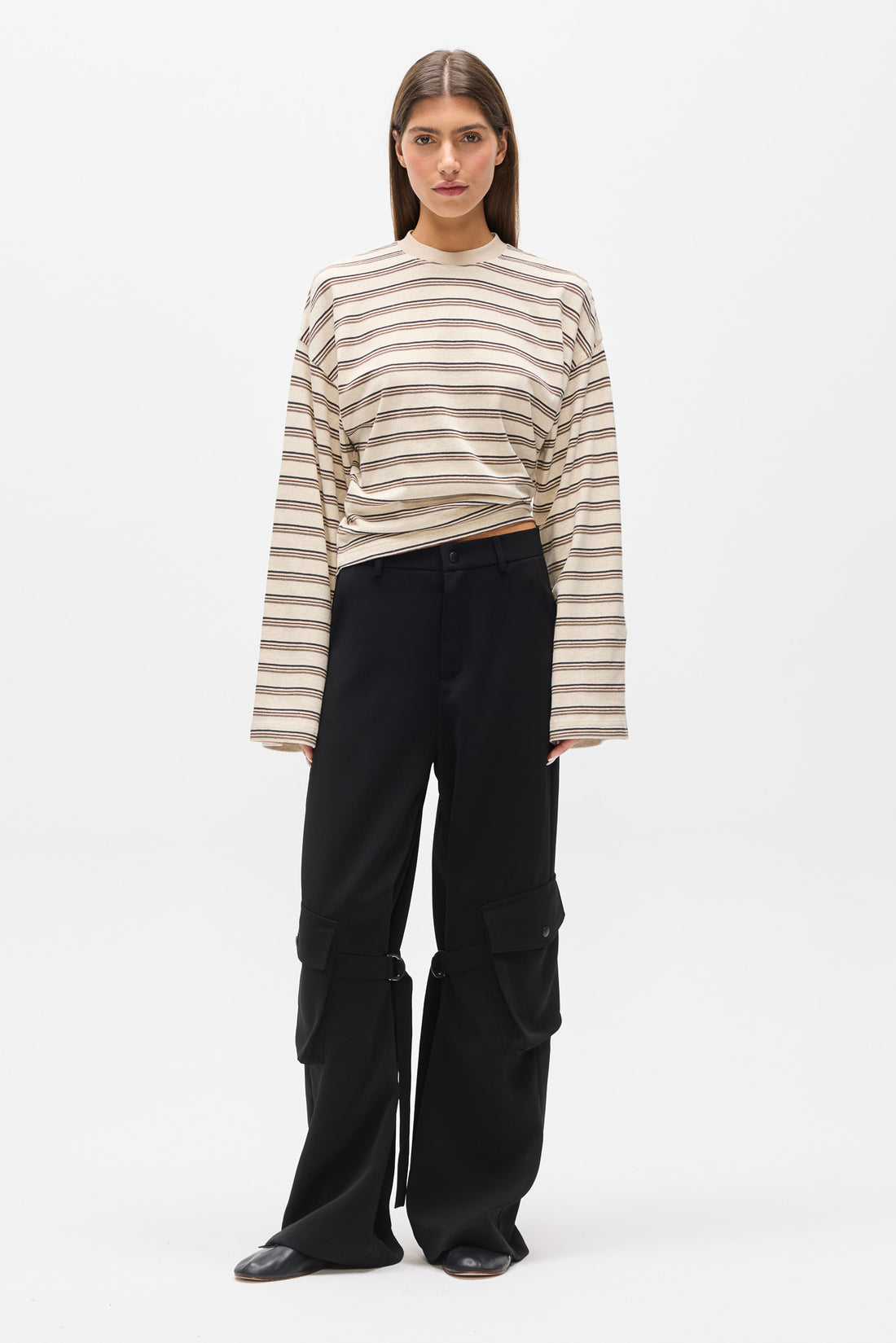 Lex Cotton Linen Long Sleeve in Mocha Stripe, view 1, Bayse Brand