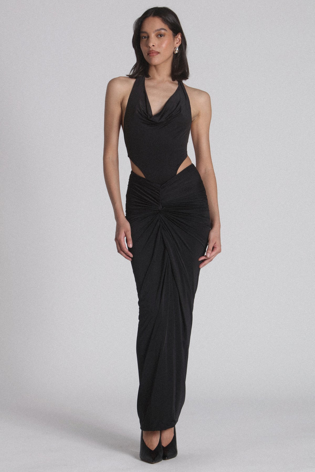 Met Cowl Neck Halter Bodysuit in Black, view 1, Bayse Brand
