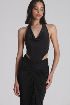 Met Cowl Neck Halter Bodysuit in Black, view 2, Bayse Brand