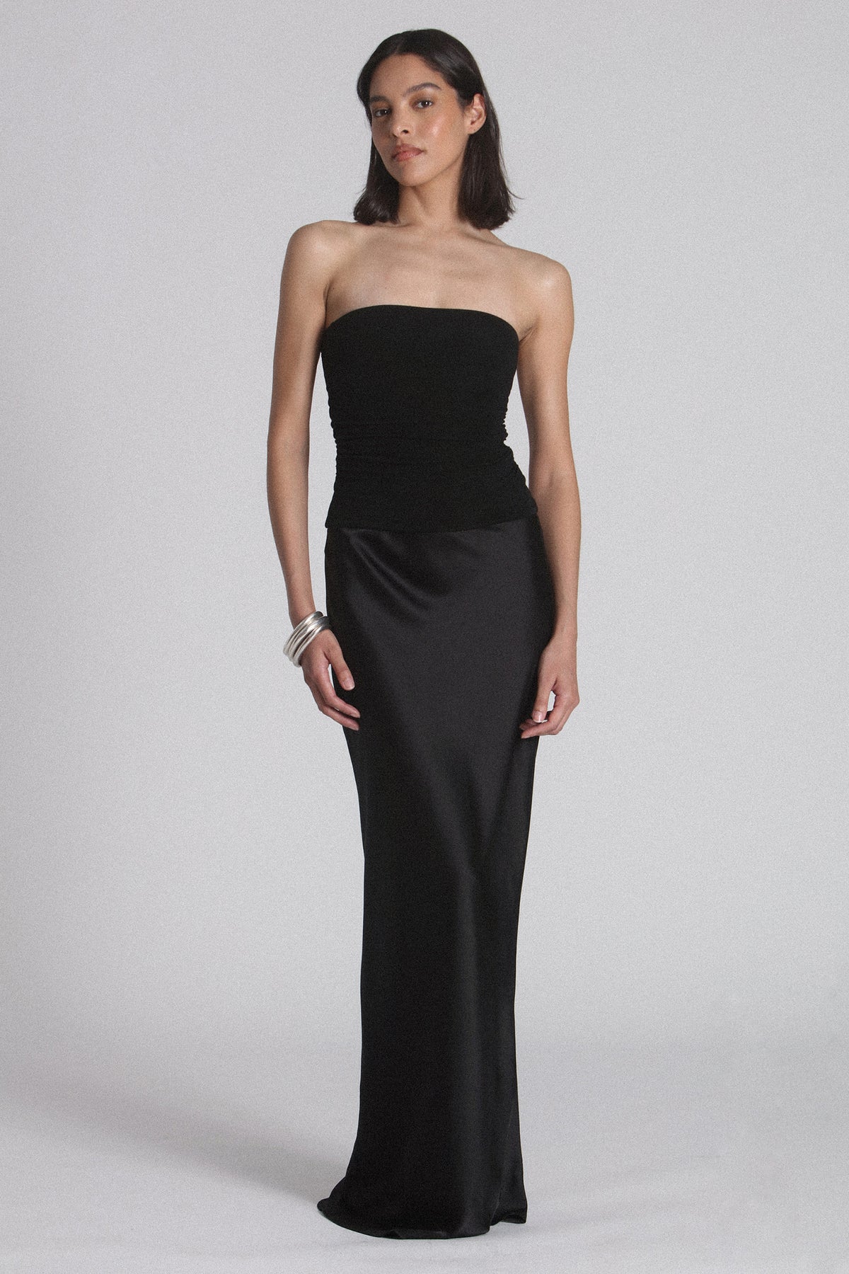 Kaiser Strapless Gathered Top in Black, view 1, Bayse Brand