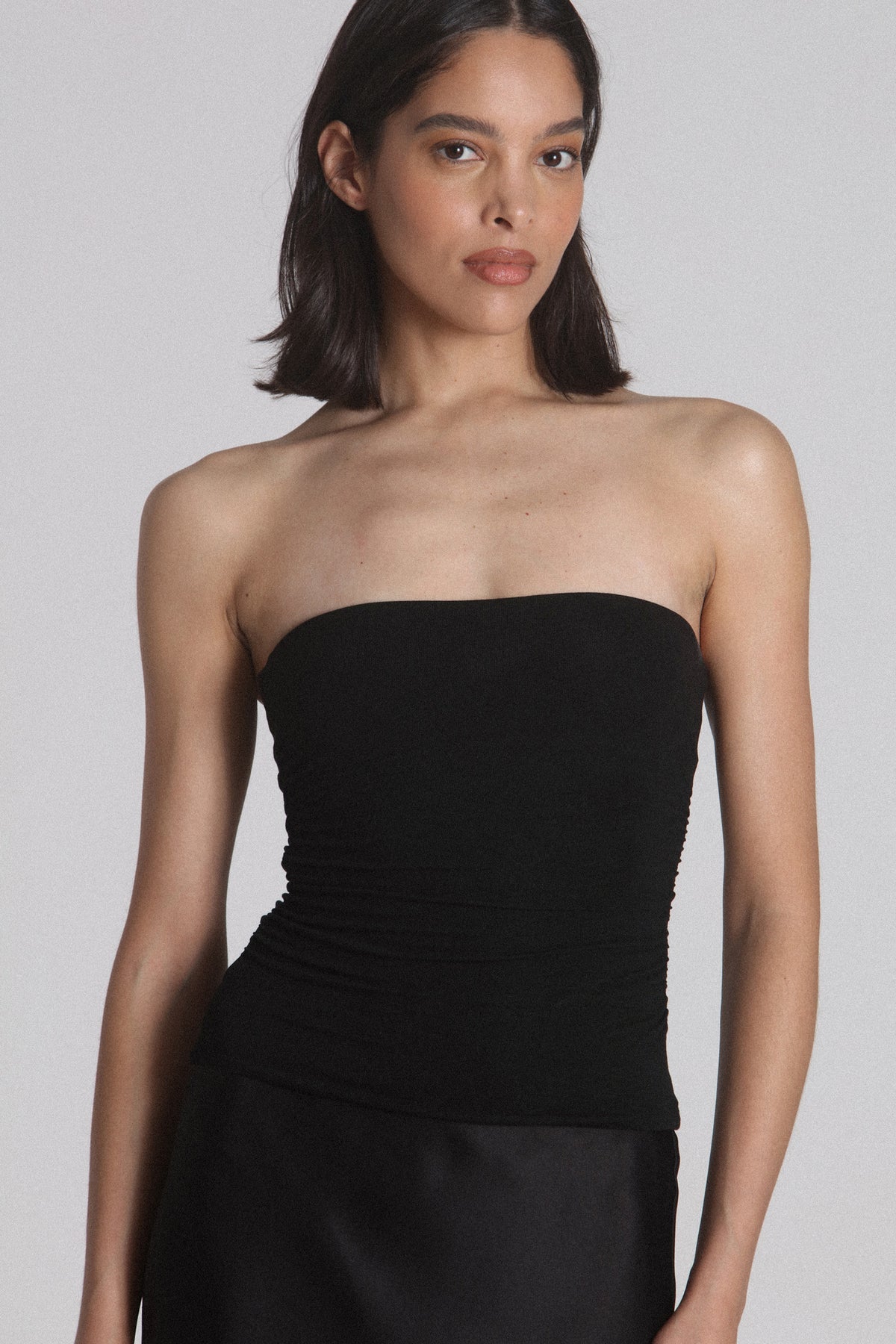 Kaiser Strapless Gathered Top in Black, view 2, Bayse Brand