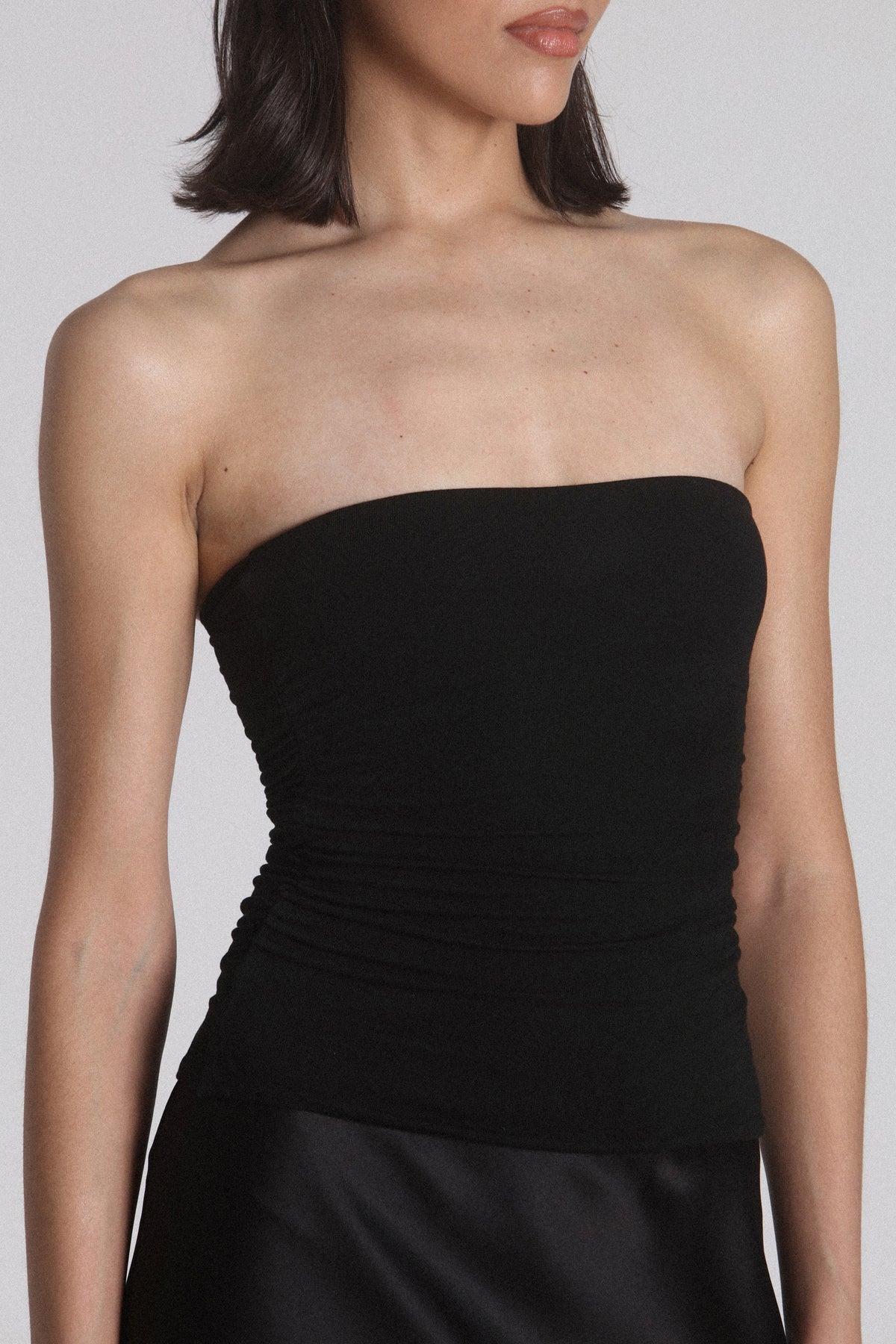 Kaiser Strapless Gathered Top in Black, view 4, Bayse Brand
