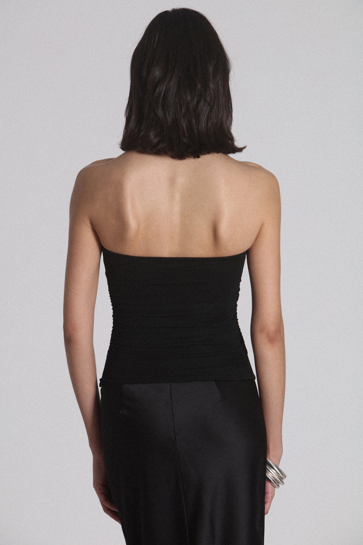 Kaiser Strapless Gathered Top in Black, view 3, Bayse Brand