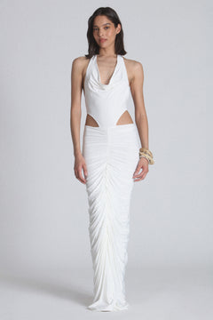 Uppereast Cowl Neck Halter Maxi Dress in White, view 1, Bayse Brand