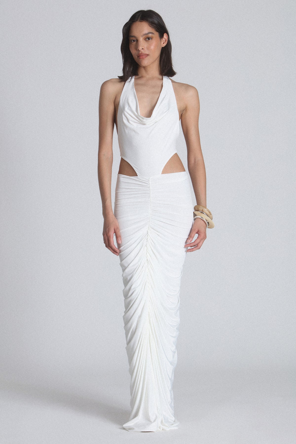 Uppereast Cowl Neck Halter Maxi Dress in White, view 1, Bayse Brand