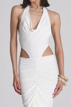 Uppereast Cowl Neck Halter Maxi Dress in White, view 5, Bayse Brand