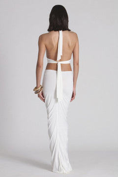Uppereast Cowl Neck Halter Maxi Dress in White, view 3, Bayse Brand