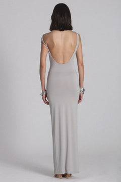 Haven Draped Asymmetric Maxi Dress in Grey, view 2, Bayse Brand
