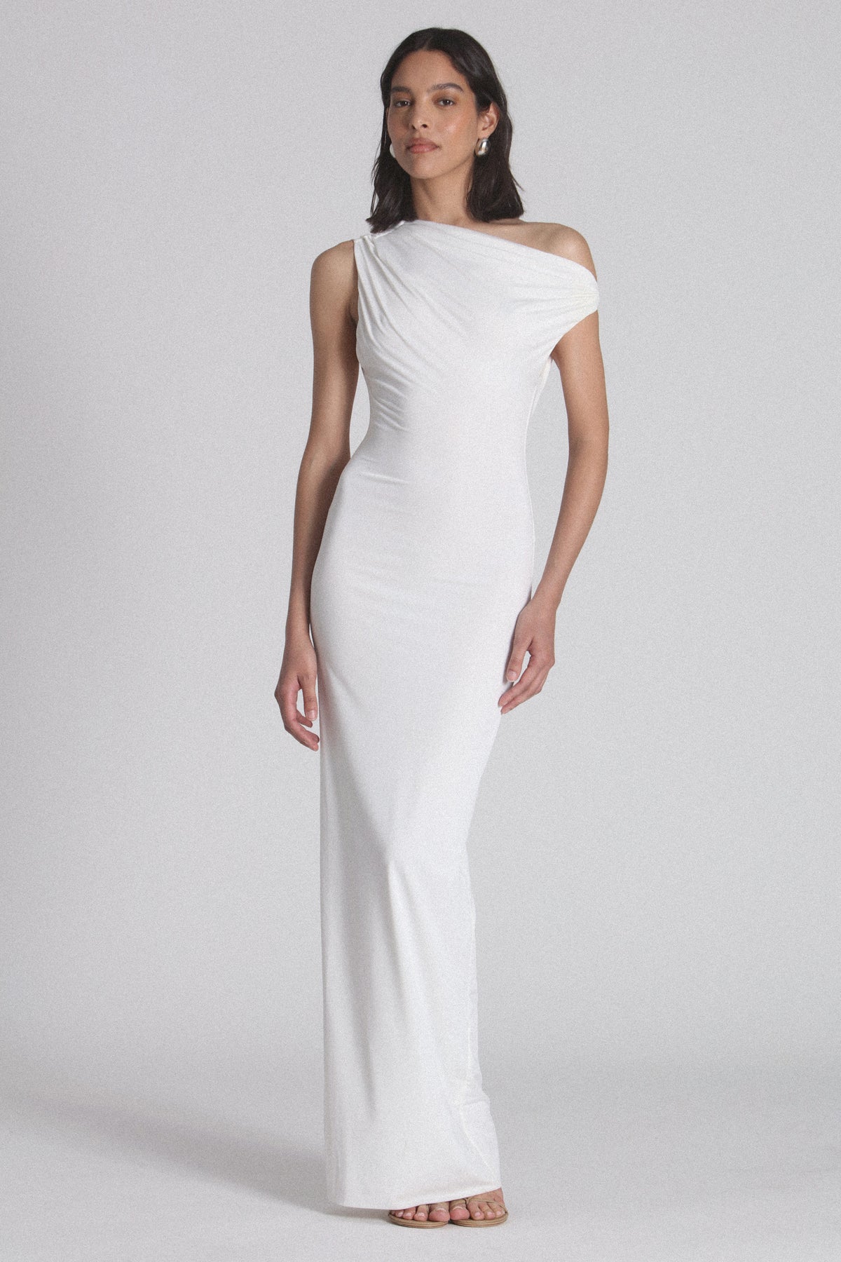 Haven Draped Asymmetric Maxi Dress in White, view 1, Bayse Brand