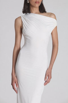 Haven Draped Asymmetric Maxi Dress in White, view 4, Bayse Brand