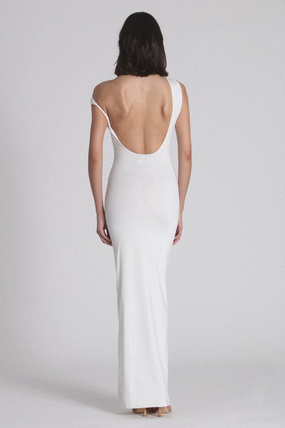 Haven Draped Asymmetric Maxi Dress in White, view 2, Bayse Brand