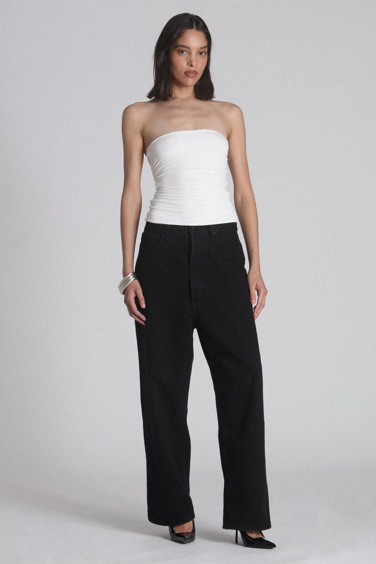 Kaiser Strapless Gathered Top in White, view 1, Bayse Brand