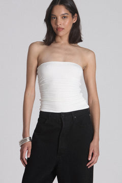 Kaiser Strapless Gathered Top in White, view 2, Bayse Brand