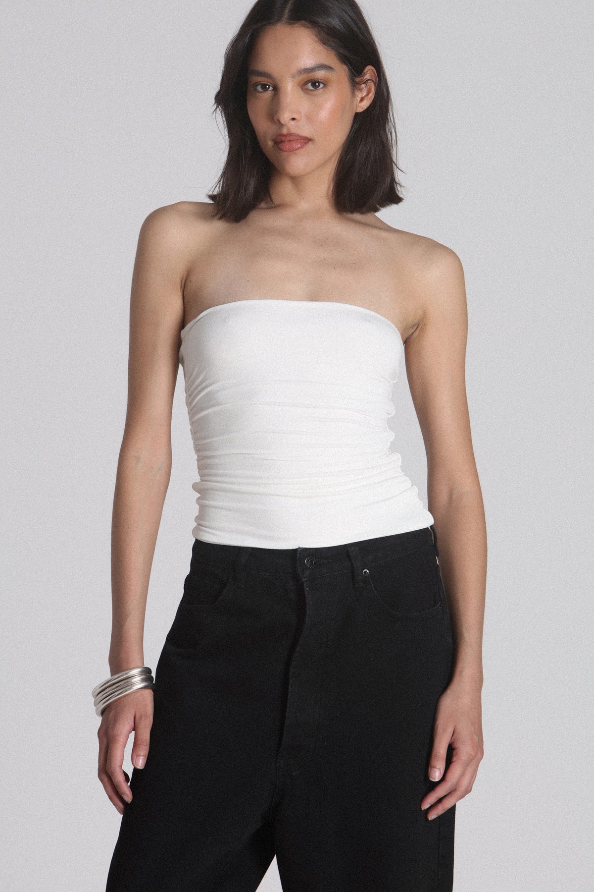 Kaiser Strapless Gathered Top in White, view 2, Bayse Brand