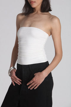 Kaiser Strapless Gathered Top in White, view 4, Bayse Brand