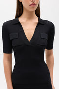 Miranda Ribbed Knit Polo Top in Black, view 1, Bayse Brand