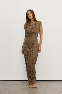 Nara Ruched Draped Maxi Skirt in Mink, view 1, Bayse Brand