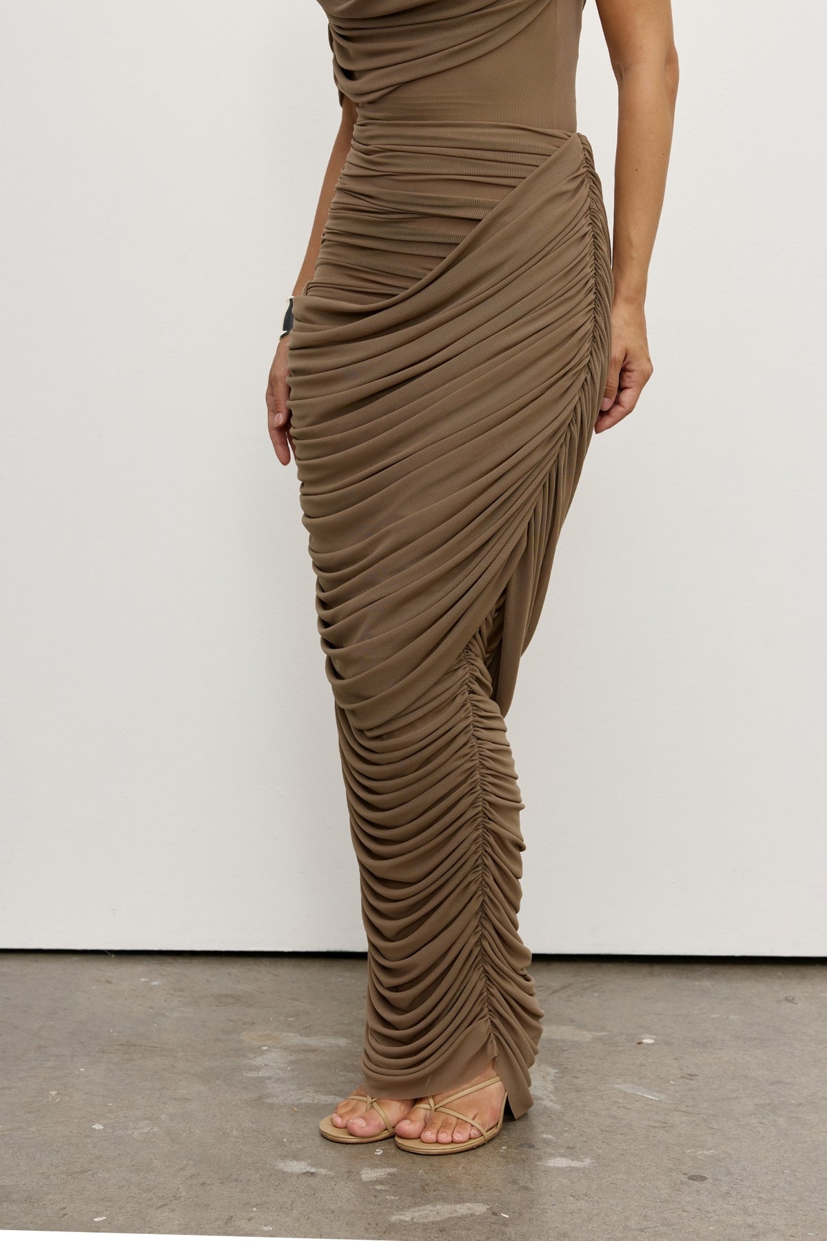 Nara Ruched Draped Maxi Skirt in Mink, view 3, Bayse Brand