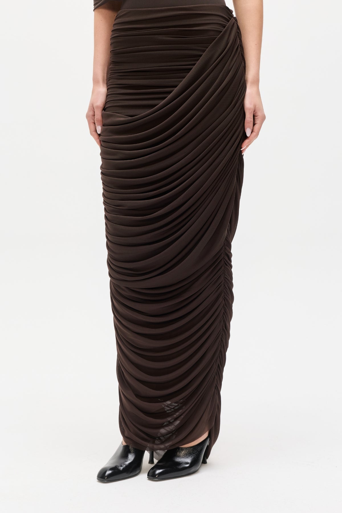 Nara Ruched Draped Maxi Skirt in Ash, view 4, Bayse Brand