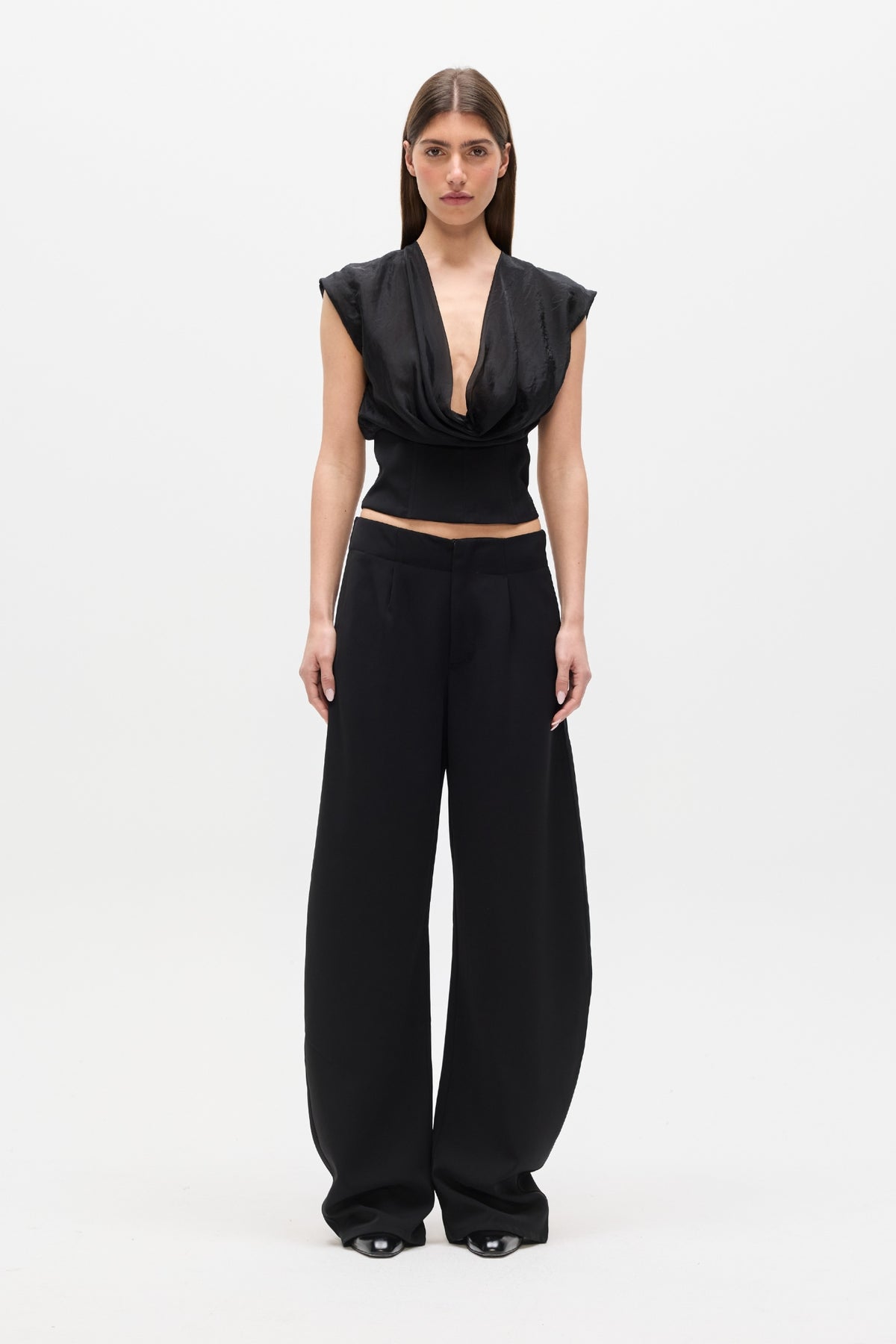 Navy Low Rise Wide Leg Pant in Black, view 2, Bayse Brand