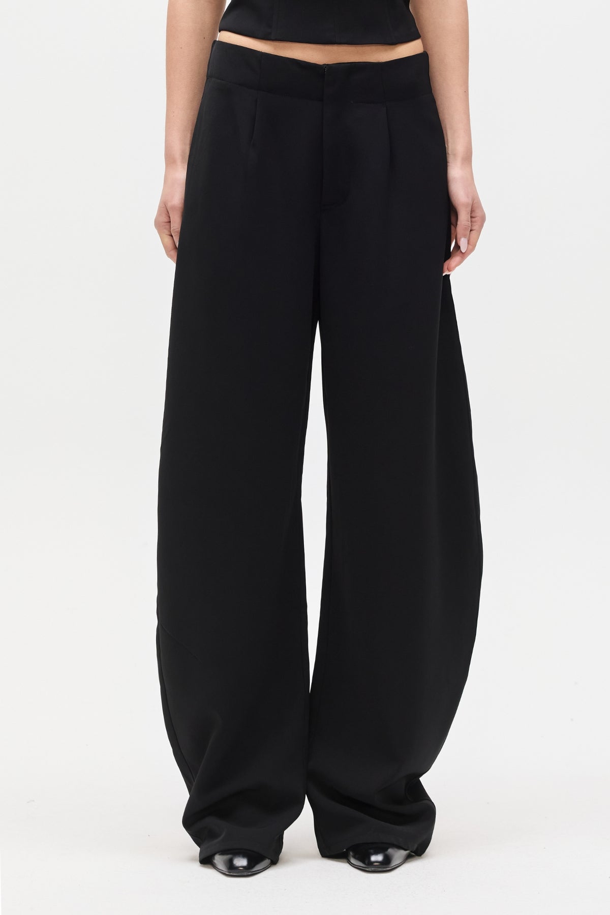 Navy Low Rise Wide Leg Pant in Black, view 1, Bayse Brand