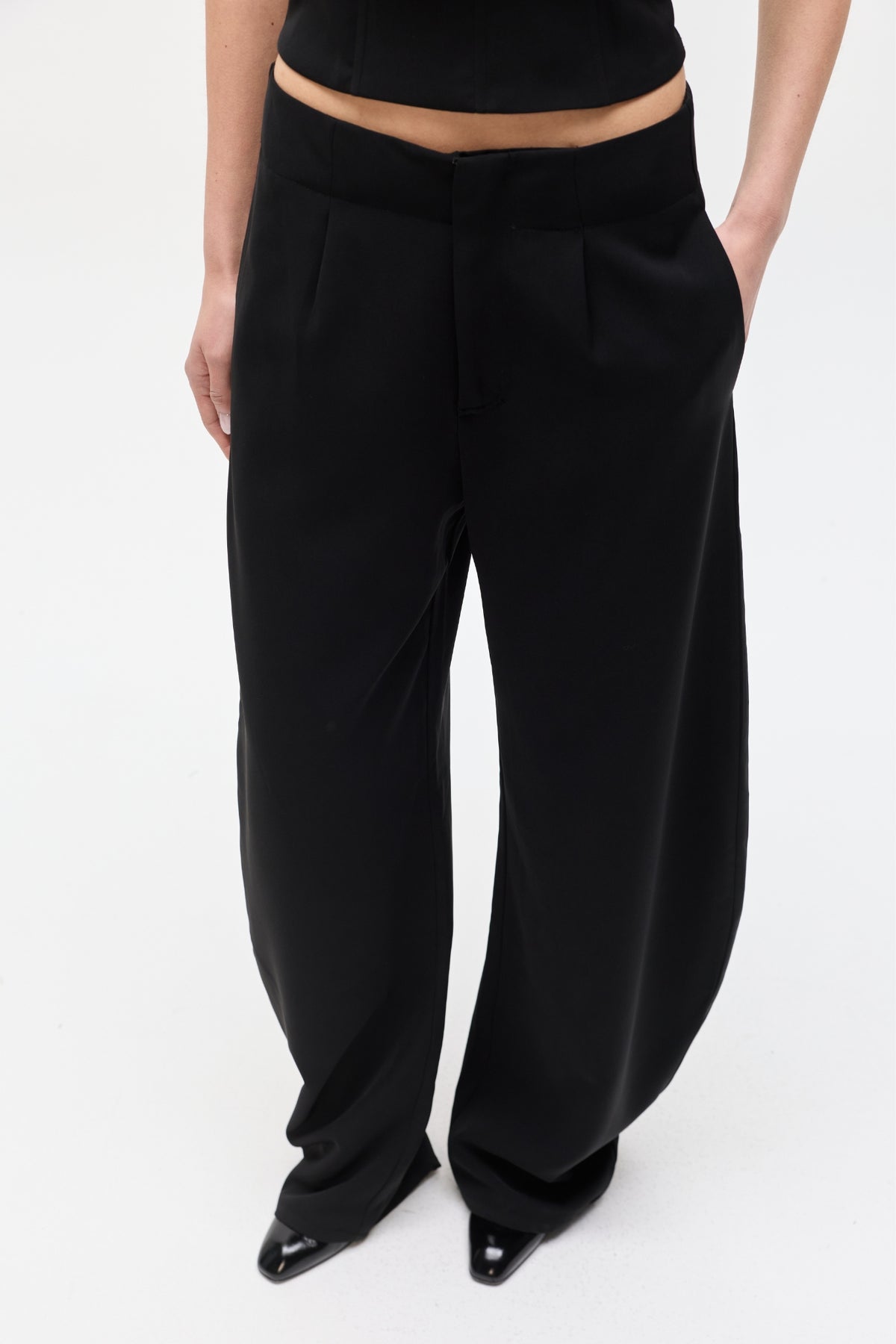 Navy Low Rise Wide Leg Pant in Black, view 3, Bayse Brand