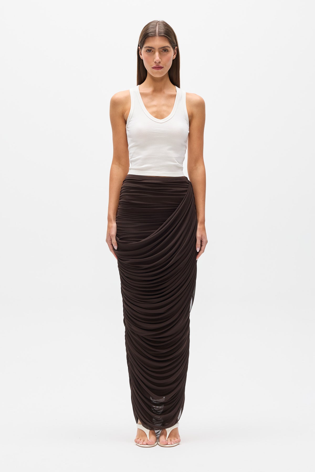 Nara Ruched Draped Maxi Skirt in Ash, view 3, Bayse Brand