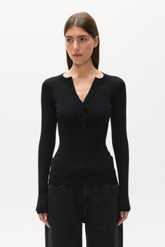 Orien Henley Long Sleeve Top in Black, view 3, Bayse Brand