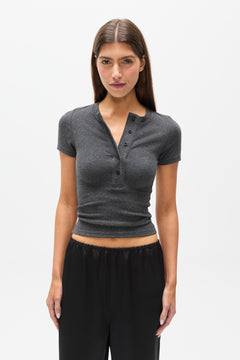 Oceane Ribbed Button Top in Dark Heather Grey, view 2, Bayse Brand