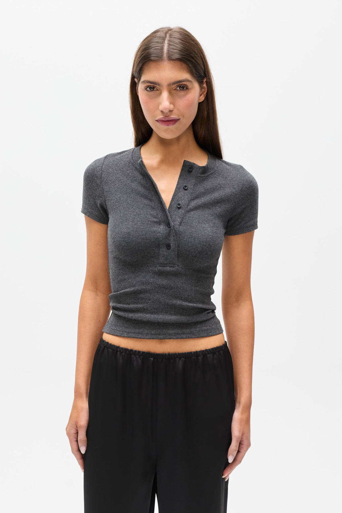Oceane Ribbed Button Top in Dark Heather Grey, view 2, Bayse Brand