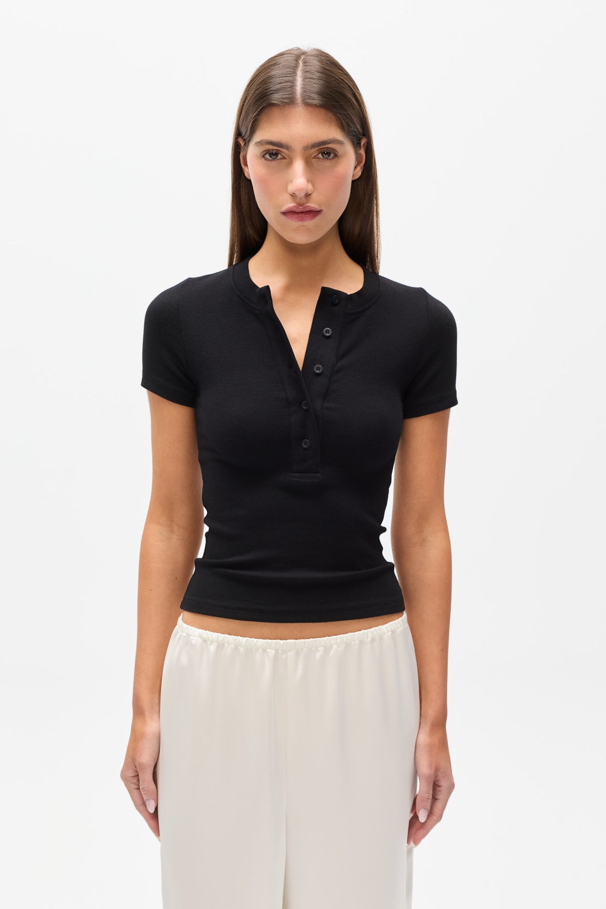 Oceane Ribbed Button Top in Black, view 3, Bayse Brand