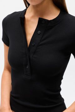 Oceane Ribbed Button Top in Black, view 2, Bayse Brand