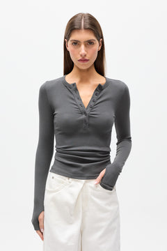Piper Henley Long Sleeve Top in Smoke, view 3, Bayse Brand