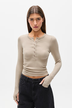 Piper Henley Long Sleeve Top in Sage, view 3, Bayse Brand