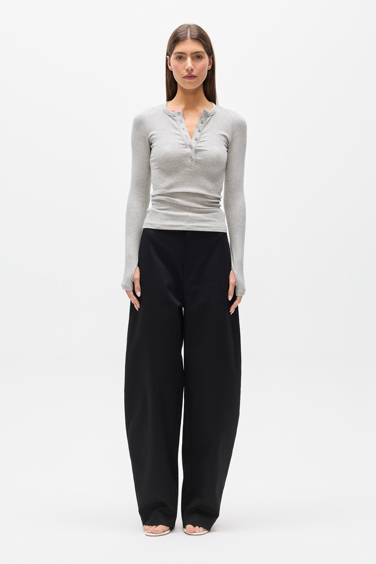 Piper Henley Long Sleeve Top in Grey Marle, view 1, Bayse Brand