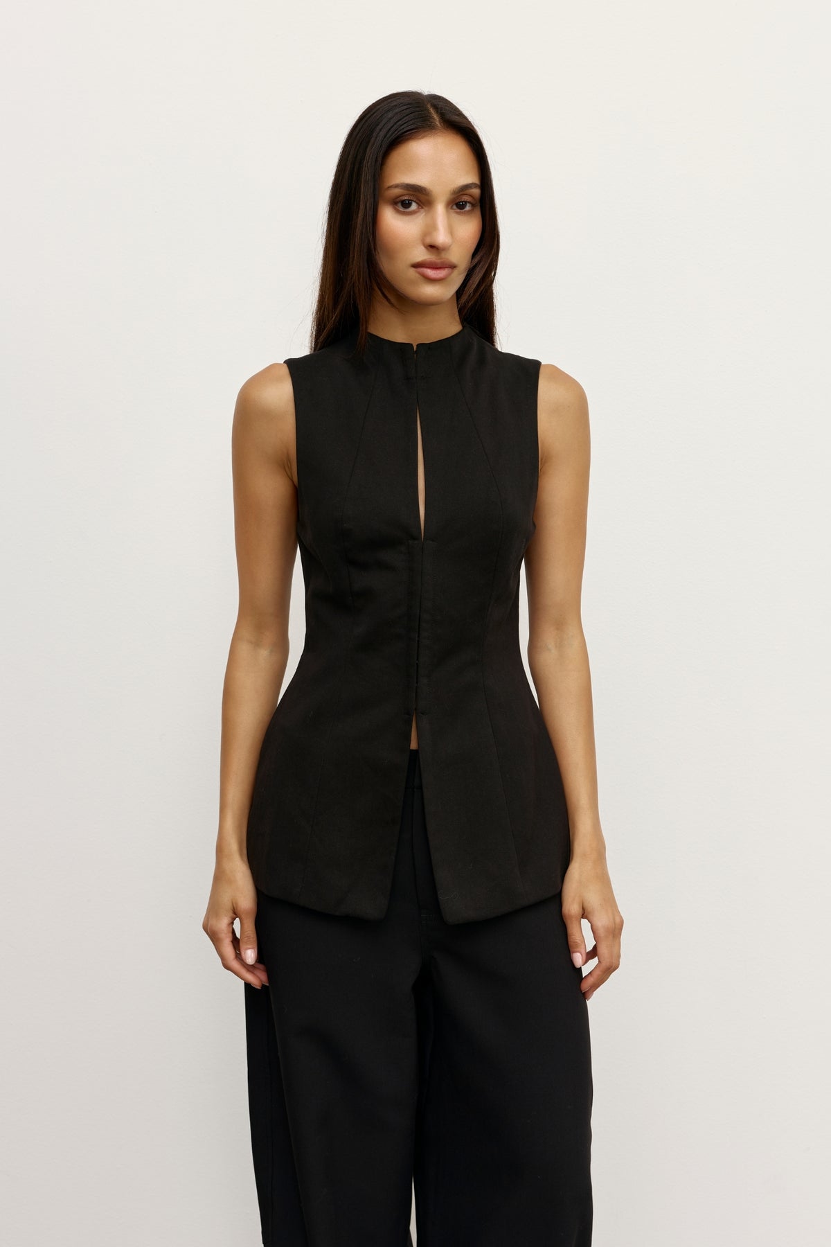 Rowe Sleeveless Keyhole Top in Black, view 3, Bayse Brand