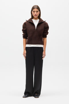 Riva Brushed Knit Quarter Zip in Chocolate, view 1, Bayse Brand