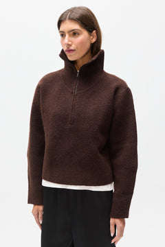 Riva Brushed Knit Quarter Zip in Chocolate, view 3, Bayse Brand